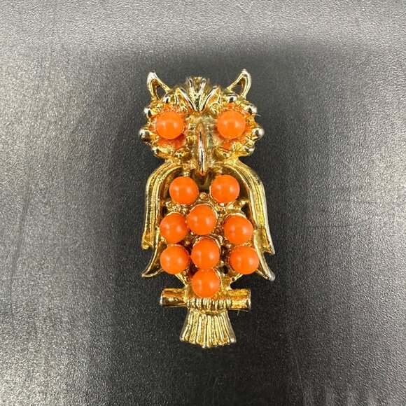 Vintage Owl Brooch Pin Orange Beads Gold Tone Whimsical Retro Jewelry Kitschy - Picture 2 of 7